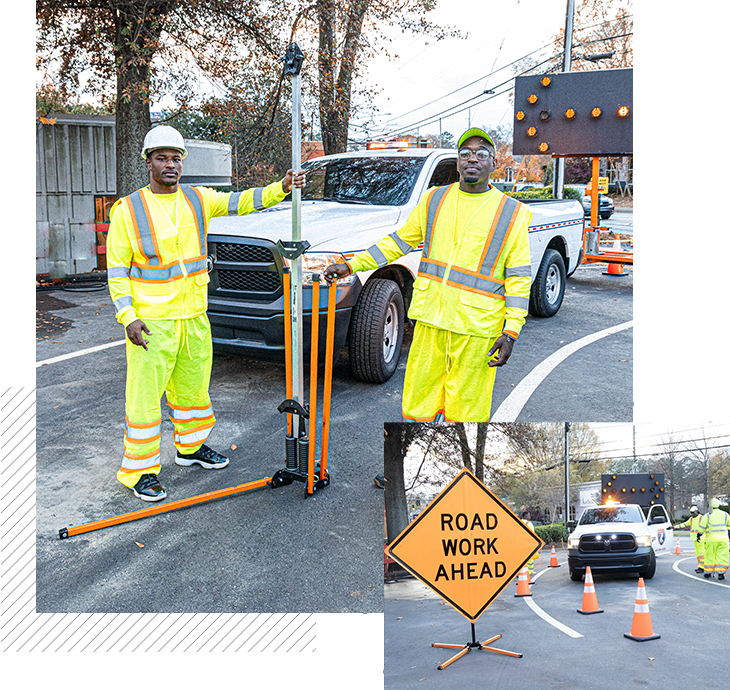 A collage of construction workers standing on the side of a road.